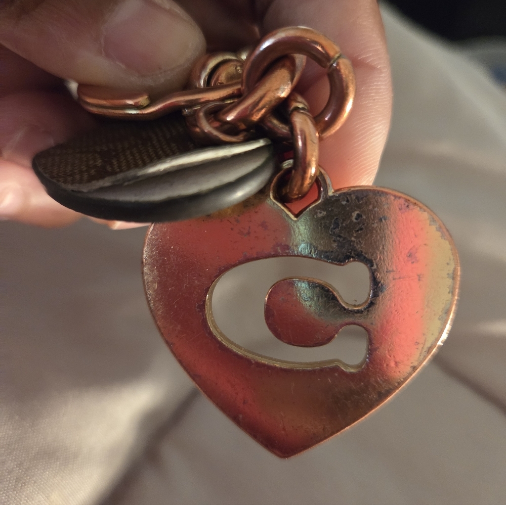 Coach Dual Heart Keychain in Brown and Gold - Picture 3 of 6